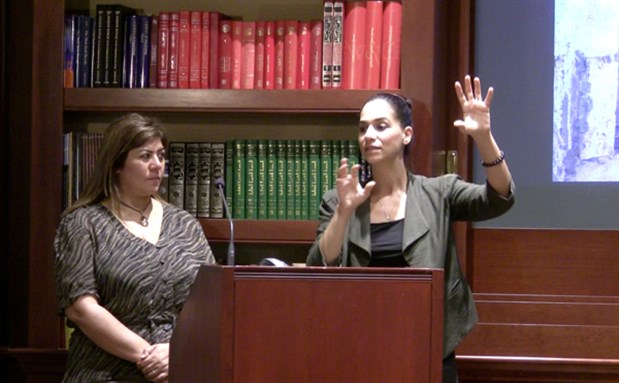 [Samar al Yassir and Noura Erakat at the lecture. Image is a screenshot from video.]